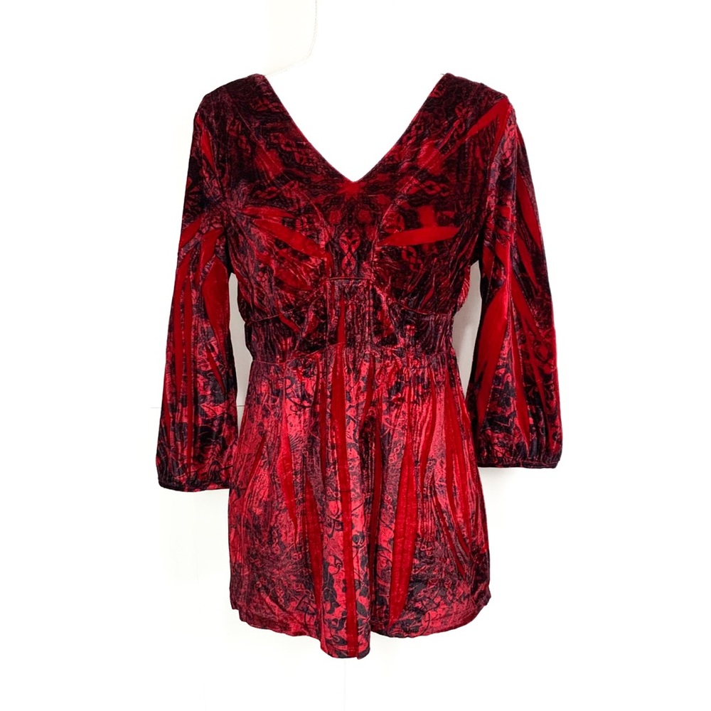 Apt 9 Women L Babydoll Top Crushed Velvet Red Whimsigoth Vamp 3/4 Sleeve Tunic